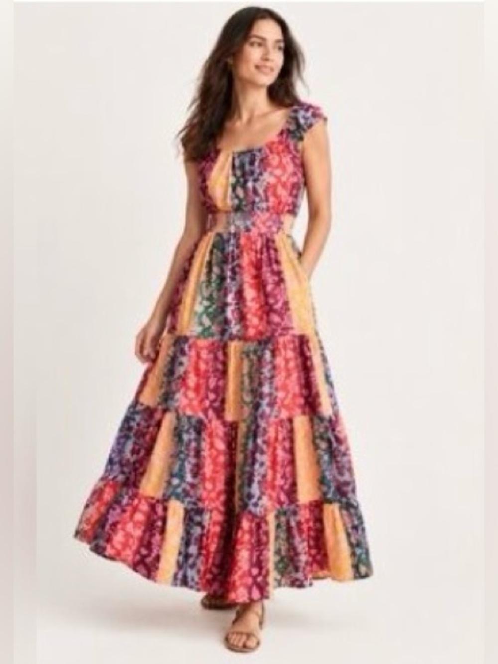 Boden Patchwork Floral Maxi Dress Ornate Vine Smocked Waist Tiered Skirt Size 6R